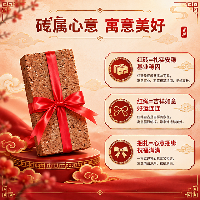 [商品] 使用【图1】红砖捆红绳吉祥伴手礼；保留红砖粗糙陶土质感、红绳十字捆扎+蝴蝶结造型、砖体颜色与纹理；商品处理：保留砖体自然纹理与红绳蝴蝶结形态，增强红绳缎面光泽感，不改变砖体形状和捆扎方式。
[画面] 目标：寓意解读，用图文结合方式讲述红砖+红绳的吉祥寓意故事。构图：左右分栏，左侧红砖伴手礼斜放展示，占画面约40%，放置在中式祥云底座上；右侧为寓意解读区，用三个图标+文字的模块呈现；背景为浅米红色渐变，点缀淡金色祥云纹和回纹边框装饰；整体氛围庄重喜庆，有传统文化感。
[视觉] 套系策略：风格=新中式喜庆商业摄影风；标题字=阿里巴巴普惠体粗体；正文字=阿里巴巴普惠体常规体；主色=砖红+中国红；背景延展=基于米白+砖红做深浅层级、同色渐变和细腻宣纸/祥云纹理质感；强调色=金色，仅用于小面积图标、引线、装饰线条和标签；标题色=深砖红；正文色=暖棕灰；组件=圆角红边信息卡、细金线引线、中式印章元素；光影=正面暖柔光，产品立体感强，下方有祥云投影效果。
[文字] 顶部居中放主标题「砖属心意 寓意美好」；右侧三个寓意模块：「红砖=扎实安稳 基业稳固」配砖块图标、「红绳=吉祥如意 好运连连」配红绳图标、「捆扎=心意捆绑 祝福满满」配蝴蝶结图标；每个模块配简短说明文字，所有文字横向排版，层级清晰。
[规格] 图片比例1:1，4K分辨率，负向提示：避免变形、错字、文字过小、冷蓝/蓝灰背景、砖体颜色改变、红绳形态失真、极限词、违禁词、天然/环保/原生态等违规词、平台Logo水印。