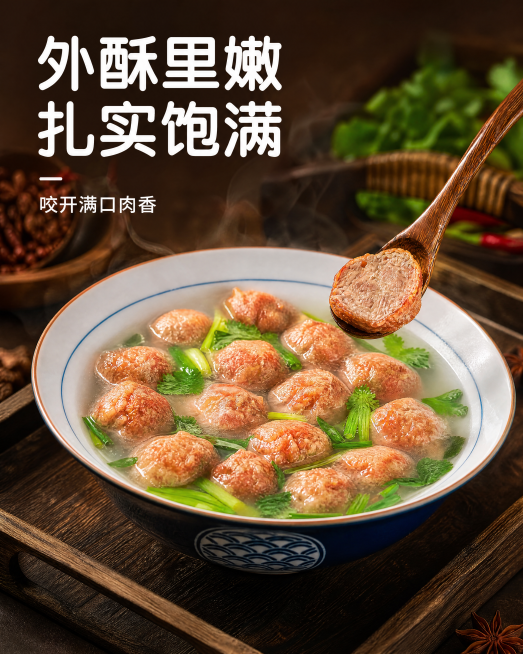 [第5屏] 手工油炸牛肉丸成品开汤切面细节展示。
[氛围/风格] 热汤成品诱惑，鲜热气腾腾，暖调高食欲氛围，真实诱人。
[元素布局] 本屏使用图6作为主体，清汤煮好的牛肉丸，勺子舀起半颗切开的牛肉丸，预览效果