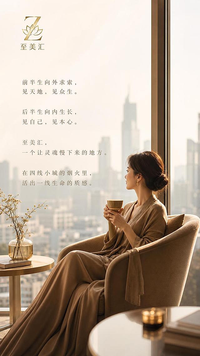 一张竖版9:16的高端女性品牌朋友圈海报，极简轻奢风格。画面主体是一位优雅女性坐在落地窗边的单人沙发上，手捧一杯茶，望向窗外，窗外是柔和的城市天际线，室内温暖宁静。奶咖色与暖金配色，低饱和色调，高级留白构图。左上角放置金色莲花Z形的「至美汇」logo。画面中央用纤细宋体排版呈现文案：「前半生向外求索，见天地，见众生。后半生向内生长，见自己，见本心。至美汇，一个让灵魂慢下来的地方。在四线小城的烟火里，活出一线生命的质感。」文字排版优雅疏朗。整体氛围静谧、治愈、有深度，体现精英女性向内探索的精神世界。写实商业摄影质感，柔和自然光，电影级光影，2K超清画质。