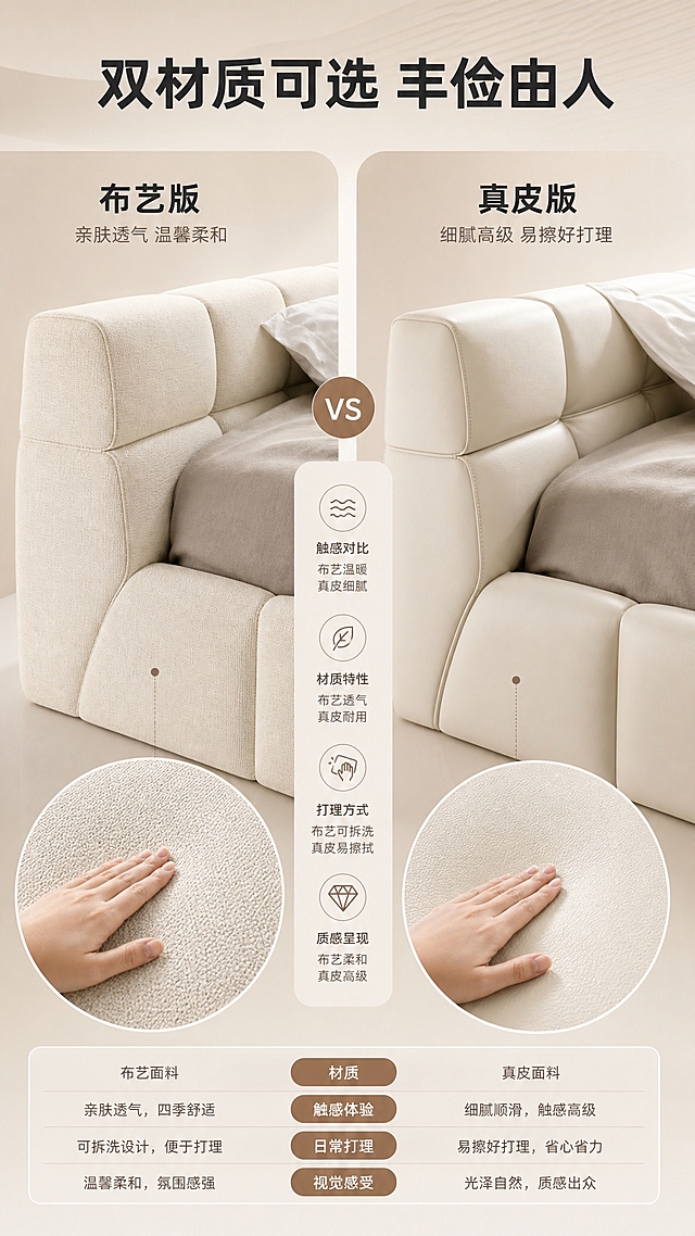 [商品] 使用【图1】M2527肌肉床；保留床体结构、分段床头、落地围边、整体造型；本页重点展示材质差异：左侧为布艺版本（保留原图浅米白布艺质感），右侧为真皮版本（改为细腻奶白色真皮纹理，有自然皮纹光泽）；两款结构完全一致，仅材质不同。
[画面] 页面目标：多材质可选展示，布艺与真皮双版本对比。左右分栏竖版构图，左半区展示布艺版本，右半区展示真皮版本。每款各占画面约40%，中间为材质对比信息。产品角度：两款均为床头局部特写+面料微距。前景：手部触摸面料（左右各一只手）；中景：床头软包材质特写；后景：同色系深浅背景区分两款。顶部通栏为标题区。
[视觉] 套系策略：风格=奶油风高级卧室商业摄影；标题字=现代无衬线粗黑体；正文字=简洁无衬线体；主色=奶油米白；背景延展=基于奶油米白做深浅层级、同色渐变和细腻织物/哑光墙面质感；强调色=奶茶棕，仅用于小面积图标、引线和标签；标题色=深炭灰；正文色=中暖灰；组件=圆角浅底信息卡、细线引线、胶囊形卖点框；光影=右前侧暖柔光，柔和漫反射。
[文字] 顶部通栏主标题"双材质可选 丰俭由人"（10字）。左栏上方标"布艺版"，下方小字"亲肤透气 温馨柔和"；右栏上方标"真皮版"，下方小字"细腻高级 易擦好打理"。底部加材质对比小标签。文字均为横排。
[规格] 图片比例9:16竖版，4K，避免变形、错字、文字过小、冷蓝/蓝灰背景、结构失真、极限词。