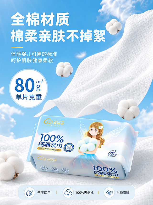 [商品] 使用【图6】享棉吧100%纯棉柔巾产品包装+棉柔巾材质展示；保留浅蓝色包装、卡通仙女IP、包装文字图案；保留棉柔巾白色EF纹纹理；产品处理：增强棉柔巾纤维质感和蓬松感，包装清晰化。
[画面] 详情页材质克重卖点页，功效链路型构图；一包产品斜放在画面下方棉柔巾上，占画面约30%；一片超大棉柔巾从右上向左下飘扬展开，占画面约40%，清晰展示EF纹纹理；周围飘散3-4朵棉花；背景蓝天白云；左侧大号圆形数据卡突出"80g/㎡ 单片克重"；营造轻盈厚实的棉柔质感。
[视觉] 套系策略：风格=国内电商清新治愈商业摄影风；标题字=粗黑体圆润大字；正文字=简洁无衬线体；主色=天空浅蓝；背景延展=基于浅蓝做渐变层次、云朵质感、柔和光晕；强调色=暖金色，仅用于小面积图标、标签和点缀；标题色=白色；正文色=白色；组件=圆角浅蓝信息卡、圆形数据徽章、细线引线；光影=自然顶光，棉柔巾有通透感。
[文字] 顶部主标题"全棉材质 棉柔亲肤不掉絮"，副标题"体验婴儿可用的标准 呵护肌肤健康柔软"；左侧圆形徽章内大字"80g/㎡"下方小字"单片克重"；底部3个小icon："干湿两用""100%天然棉""生物降解"；全部横排。
[规格] 图片比例3:4竖版，4K，medium质量；避免变形、错字、文字过小、包装错乱、棉柔巾纹理不清晰。