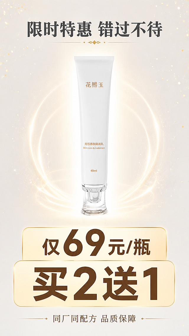 「图片1」请使用电商详情页技能生成促销海报，我要发朋友圈。价格69一瓶，买2送1。卖点和纯颜日志同隔离同配方，同厂生产。