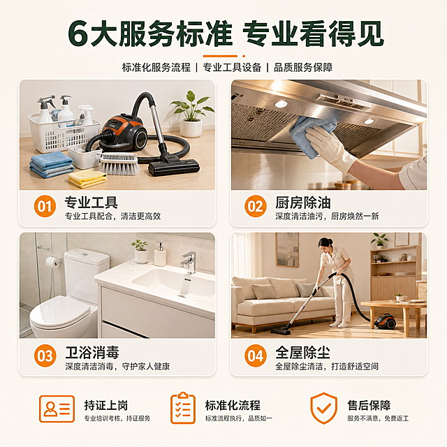 [主图-3] 服务亮点与专业证明，展示服务流程和专业标准，理性说服用户。
[统一基调] 整体风格为专业品质可信的家政服务视觉，背景主色为暖白色+浅木色点缀，标题字色为深绿色，辅助字色为深灰色，强调色为橙黄色，字体为简洁现代无衬线粗体，字号层级分明，卡片为圆角浅灰底配细线边框，图标为线性简约风格。
[画面] 画面采用四宫格流程展示布局，四个圆角卡片均匀分布，每个卡片内是一个保洁服务场景的小图加文字说明。左上卡片：专业工具展示，各种清洁设备、清洁剂、抹布整齐排列；右上卡片：厨房深度清洁，保洁员擦拭油烟机的手部特写；左下卡片：卫生间消毒清洁，马桶和洗手台光亮如新；右下卡片：客厅除尘拖地，保洁员用吸尘器清洁沙发。画面顶部为标题区域，底部为服务保障说明。
[光影质感] 每个小场景都有清晰明亮的光线，商业摄影级高清质感，工具和场景细节清晰，整体色调统一温暖。
[配色] 背景暖白色，卡片浅灰色圆角底，标题深绿色，图标和数字橙黄色，说明文字深灰色。
[文字版式] 画面顶部大标题"6大服务标准 专业看得见"，深绿色粗体大字；四个卡片下方分别标注文字："专业工具""厨房除油""卫浴消毒""全屋除尘"，深灰色中号字体；画面底部三个图标加文字横向排列："持证上岗""标准化流程""售后保障"，深灰色小字配橙黄色图标。文字全部横排，清晰易读。
[输出要求] 1:1正方形比例，2048*2048像素，文字清晰可读，画面整洁专业；负向：排版混乱、文字模糊错字、水印、平台Logo、图片质量差。