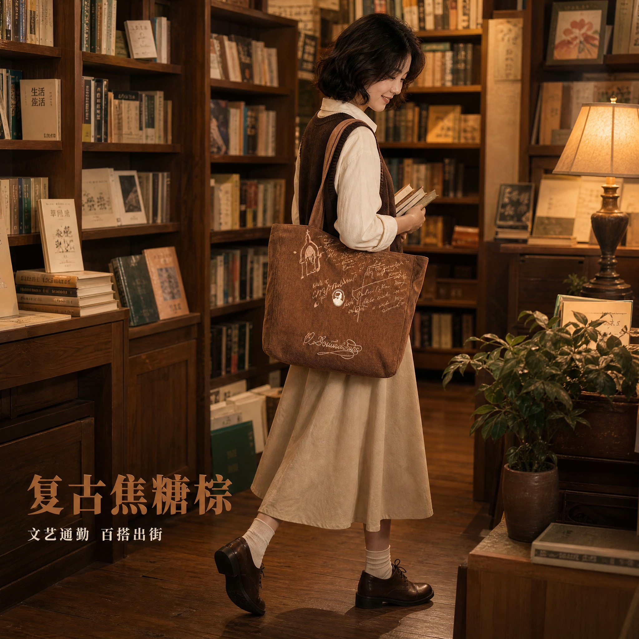 [主图-6] 复古书店场景氛围图，展示多种背法与穿搭风格。 [… - 图片创意预览