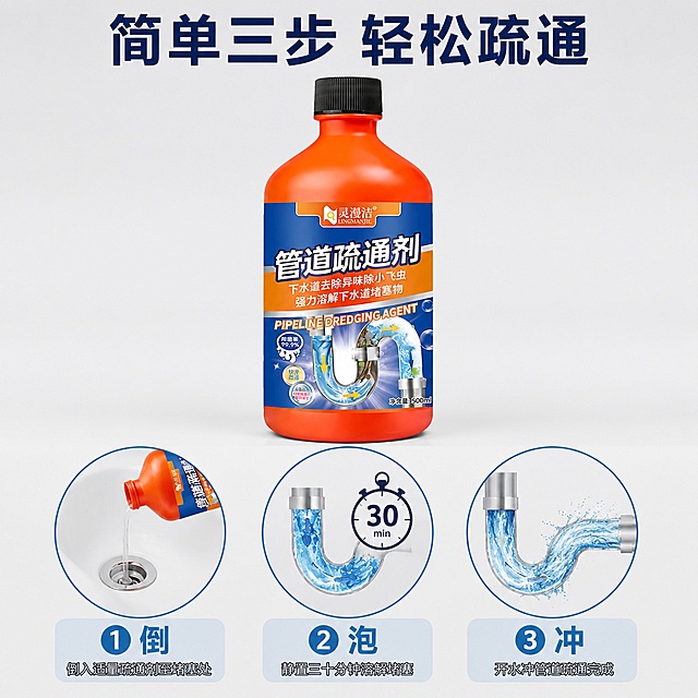 [主图-5] 使用步骤演示图，展示管道疏通剂简单操作流程。
[氛围风格] 简洁清晰，流程直观，易用风格
[画质] 商业摄影质感，步骤清晰，画面干净明了
[元素] 保持灵漫洁管道疏通剂产品外观、物理结构、材质质感、颜色与输入产品图绝对一致，杜绝任何变形和色差，精细化处理。顶部产品居中展示，下方分三个步骤横向排列，每个步骤配示意图和简短文字说明：第一步为倒入疏通剂到堵塞管道口，第二步为静置等待30分钟溶解堵塞物，第三步为开水冲管道完成疏通；每个步骤用圆形框示意图，排列整齐，产品占比约35%，不挤压步骤展示区域。
[光影] 均匀柔和光线，每个步骤明暗一致，产品清晰突出，光影统一不突兀
[配色] 浅灰色背景，产品橙红色突出，每个步骤示意图用浅蓝背景配深色文字，对比清晰易读
[视角构图] 上产品下步骤排布，每个步骤均匀分布，整体满屏无边框
[文字版式] 顶部大标题 "简单三步 轻松疏通" 粗体居中；每个步骤下方标注步骤序号和操作说明：「1 倒 倒入适量疏通剂至堵塞处」「2 泡 静置三十分钟溶解堵塞」「3 冲 开水冲管道疏通完成」，文字清晰，排版整齐，不遮挡产品主体
[输出要求] 1:1 正方形比例，文字清晰锐利，超高清商业摄影质感
[负向提示词] 变形，文字错乱，产品图模糊，背景杂乱，水印，电商平台Logo，文字遮挡主体