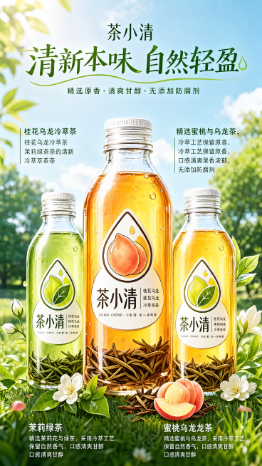 基于原图制作茶小清茶饮料的广告主视觉海报，保留产品主体和文案信息，优化构图和视觉效果，提升海报的商业广告质感，保持清新自然的户外风格，4K高清预览效果