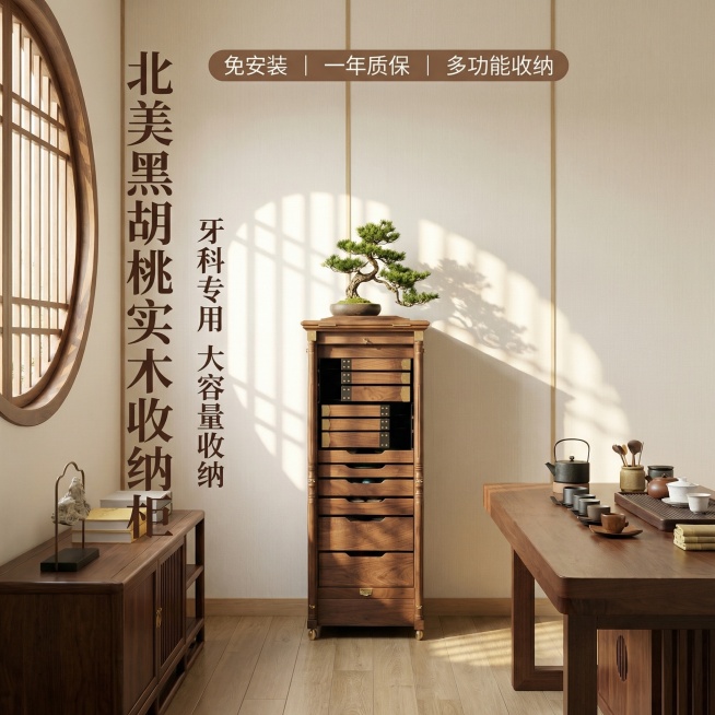 [新主图1 全景场景展示]
进口FAS级北美黑胡桃木多功能收纳牙科柜，所有抽屉保持关闭状态，产品外观与原图100%一致，整体统一新中式家居风格，温馨暖调自然光，午后慵懒光斑。顶部更换摆放禅意盆栽，背景预览效果