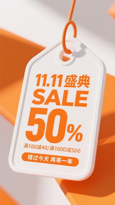 一个巨大的白色吊牌样式。中间文案（主标题橙色粗体“11.11盛典 SALE 50%”，副标题“满100减40/满1000减500”。下方文案“错过今天再等一年”）。背景橙白色系对比预览效果