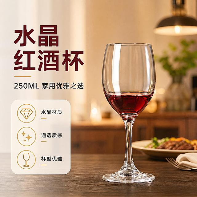 [主图-1] 水晶红酒杯 首图产品识别与购买欲 真实餐桌场景氛围图
[统一基调] 整体风格为专业品质家居风，背景主色为暖米色+浅木色，标题字色为深酒红，辅助字色为深灰色，强调色为金色，字体为优雅无衬线粗体，字号层级分明，卡片样式为圆角浅底半透明卡片，整体干净通透有质感。
[画面] 水晶红酒杯（250ML）居中偏右放置，杯中盛有约三分之一的红葡萄酒，酒液呈透亮红宝石色。杯子放置在深色木质餐桌上，背景是虚化的温馨餐厅环境，有暖光吊灯、木质餐边柜和绿植点缀，营造浪漫晚餐氛围。左侧留出负空间放置文字。产品占画面约60%，视角为微仰视45度角，展现杯身优雅曲线和水晶玻璃的通透质感。
[光影质感] 商业摄影质感，主光从左上方45度打来，在杯身左侧形成明亮高光带，右侧有柔和阴影，杯底有自然接触阴影。水晶玻璃材质反光清晰，酒液通透有光泽，整体光影柔和高级，突出洁净感和品质感。
[配色] 背景暖米色+浅木色为主，深酒红标题字，金色强调色，深灰辅助文字，整体暖调温馨，符合餐厨器皿类清透温馨的视觉要求。
[文字版式] 左上角放置大标题"水晶红酒杯"，下方副标题"250ML 家用优雅之选"，底部左侧三个小图标加短词分别为"水晶材质""通透质感""杯型优雅"。文字均放在左侧负空间，不遮挡杯身主体。字体为优雅无衬线体，主标题最大最粗，副标题缩小50%，图标说明文字最小。
[输出要求] 比例1:1，文字清晰可读，产品清晰锐利，水晶玻璃质感真实。负向：杯身变形、酒液颜色错误、文字模糊、画面杂乱、有水印、有平台Logo、杯子悬浮、穿模。