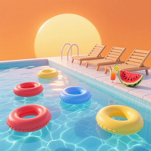 落日下的无边泳池派对，清澈见底的泳池和五彩斑斓的游泳圈，泳池旁边是躺椅和果汁、西瓜，不要人物