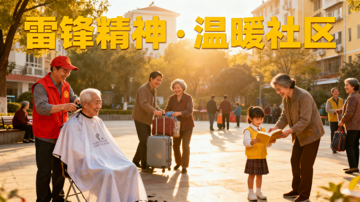 雷锋精神主题横屏视频封面，暖黄色系，展现社区志愿服务场景，人们互帮互助、传递温暖，风格明亮正能量，突出奉献、友爱、互助的雷锋精神内核，视觉醒目适合视频主页预览效果