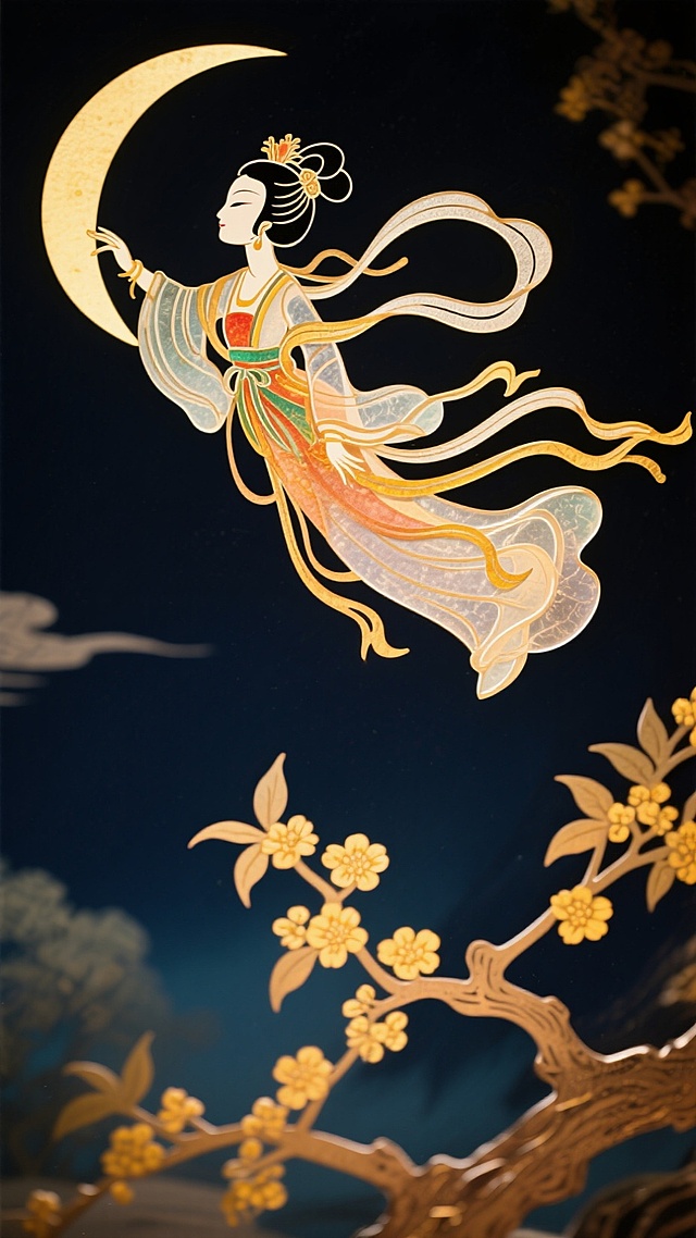 嫦娥奔月，悬浮飞翔于夜空，构图新颖，大胆夸张，飘逸，前景有桂花树枝