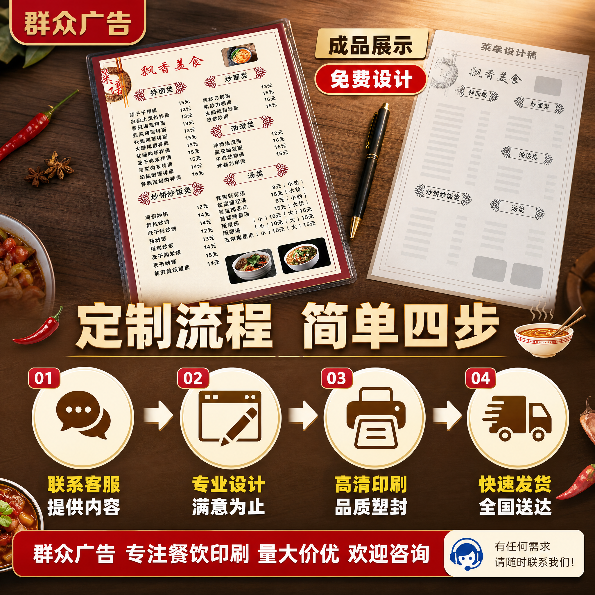 [主图-5] 服务流程与下单说明 群众广告 菜单定制 [氛围风… - 图片创意预览