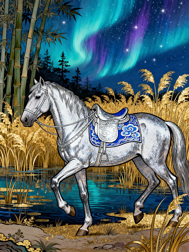 复古风格，特写一匹银色伊犁马（佩戴银白与蓝色云纹马鞍），侧步前行的定格瞬间。场景为竹林与金色芦苇交织的湿地，芦苇泛金色光。天空为青蓝色调的极光夜空，光带呈青蓝与紫色，星光。整体色调银、金、青蓝。