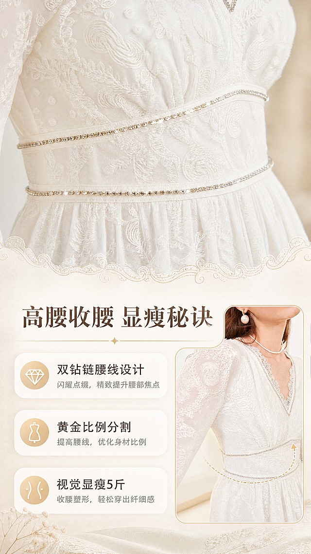 [商品] 使用【图7】白色V领蕾丝刺绣长袖连衣裙腰部特写；商品处理：保留双条钻链腰线、收腰褶皱、蕾丝刺绣面料和白色；增强钻链光泽、蕾丝纹理和收腰立体感，不改变结构。
[画面] 目标：高腰收腰细节页，上半部分腰部钻链大特写，下半部分左侧文字说明右侧模特上身腰线效果小图，产品占画面60%，浅米色柔焦背景，突出显瘦设计。
[视觉] 套系策略：风格=法式轻奢高级商业摄影；标题字=优雅衬线粗体；正文字=简洁无衬线体；主色=米白奶杏；背景延展=基于米白奶杏做深浅层级、同色渐变和细腻织物/石膏墙面质感；强调色=香槟金，仅用于小面积图标、引线、标签和装饰线条；标题色=深奶茶棕；正文色=中暖灰；组件=圆角浅底信息卡、细金线引线、蕾丝花边装饰元素；光影=侧前柔光，突出钻链闪耀和腰线立体感。
[文字] 顶部主标题「高腰收腰 显瘦秘诀」，下方3个卖点：双钻链腰线设计、黄金比例分割、视觉显瘦5斤；文字横向排版在画面下半部，不遮挡腰部细节。
[规格] 图片比例9:16竖版，4K，避免变形、错字、文字过小、冷蓝/蓝灰背景、衣服颜色改变、细节失真。