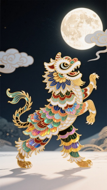 画面模仿水印木刻版画的效果，具有强烈的刀味和水墨晕染感。一只舞狮在月光下灵动起舞，狮身纹理是木刻的刀法，色彩套印略有错位，形成独特艺术感。明月和祥云运用水印的朦胧效果，整体动静结合，既有节日的欢腾，又预览效果