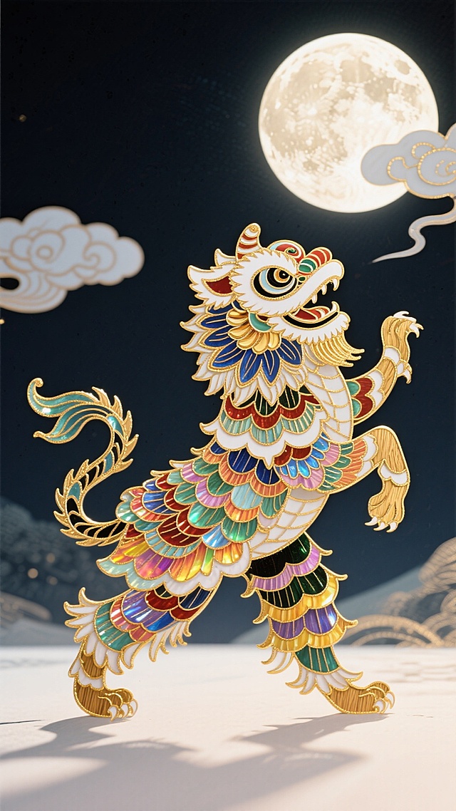 工笔风与刺绣风融合的祥瑞神兽，鎏金描边勾勒出梦幻古典之美，月下云影间尽显中式奢华与民族韵味。