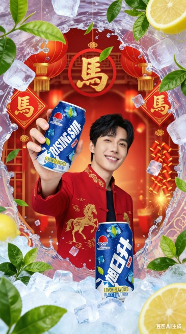 把这张图背景改成马年新年喜庆春节红氛围背景，人物穿着红色洋气时尚衣服，其他不变预览效果