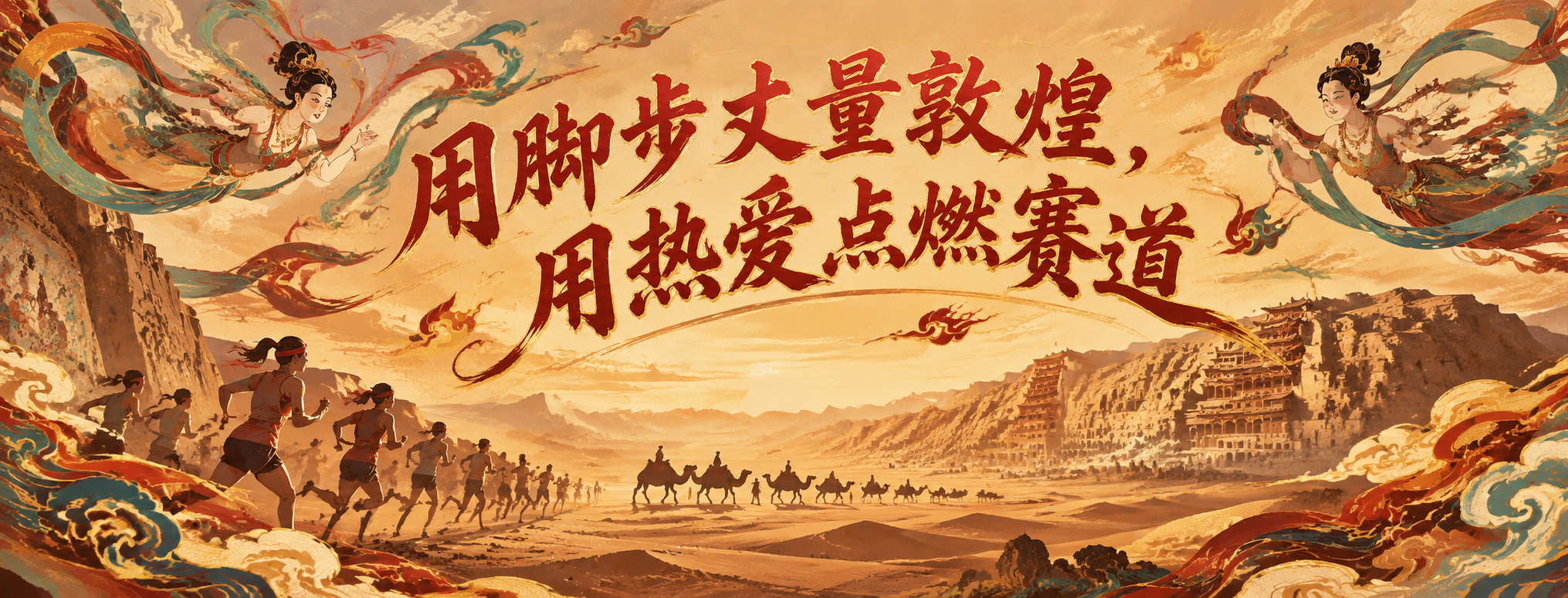 马拉松啦啦队手拉旗设计，横版超宽幅。敦煌国潮风格，背景为沙漠戈… - 图片创意预览