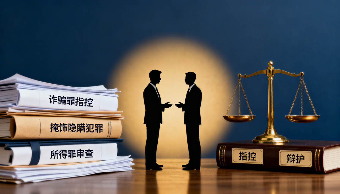 法律类公众号配图，主题为跨境电信诈骗案件辩护场景，画面包含法律文书、卷宗、律师与检察官沟通的剪影、天平、法典元素，风格庄重严谨，体现案件从诈骗罪指控变更为掩饰隐瞒犯罪所得罪的审查过程，整体氛围正式专业预览效果