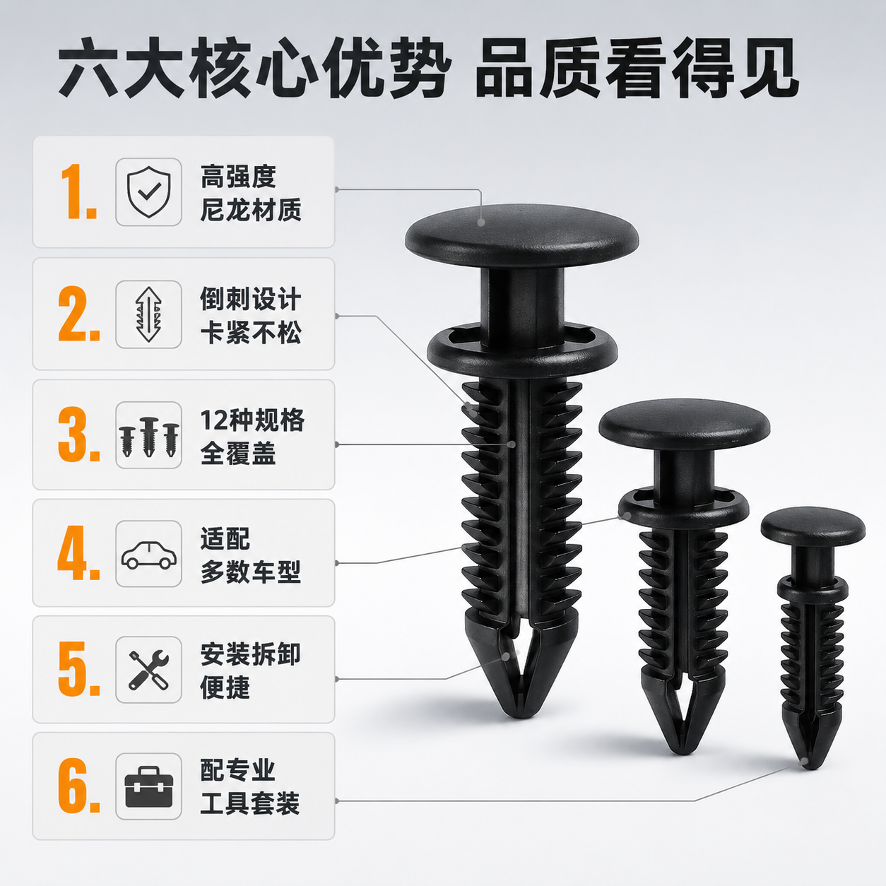 [主图-2] 产品亮点卖点图，展示卡扣六大核心优势，用编号卖点… - 图片创意预览