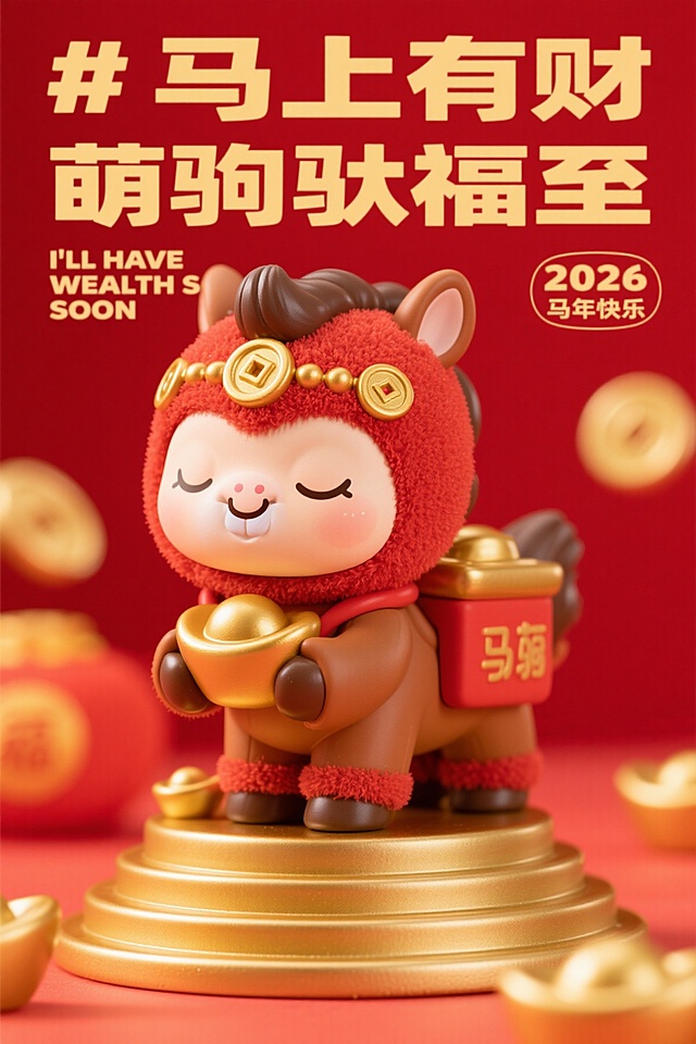 软3D风萌马手办，融合国潮与鎏金元素，喜庆红金配色，卡通可爱造型，手持金元宝，寓意“马上有财”，2026马年贺岁佳作。