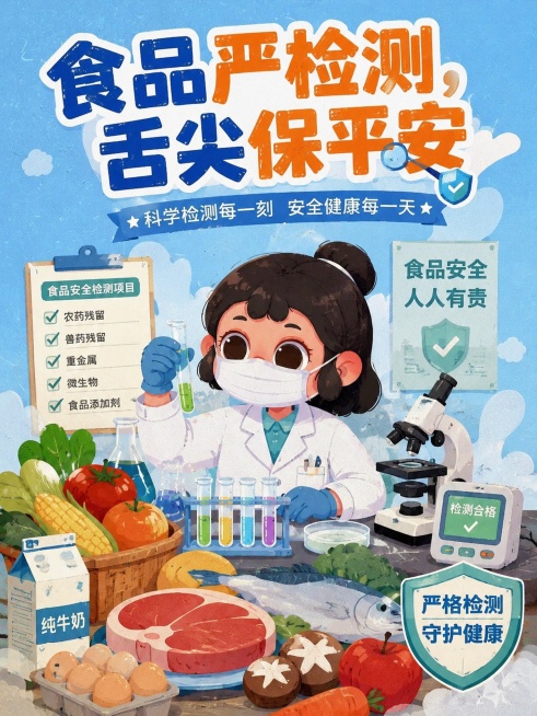 食品安全检测宣传海报，主标题文字为“食品严检测，舌尖保平安”，主体是一位身穿白大褂的检测人员，参考提供图片的卡通插画风格，食品安全主题，宣传风格。预览效果