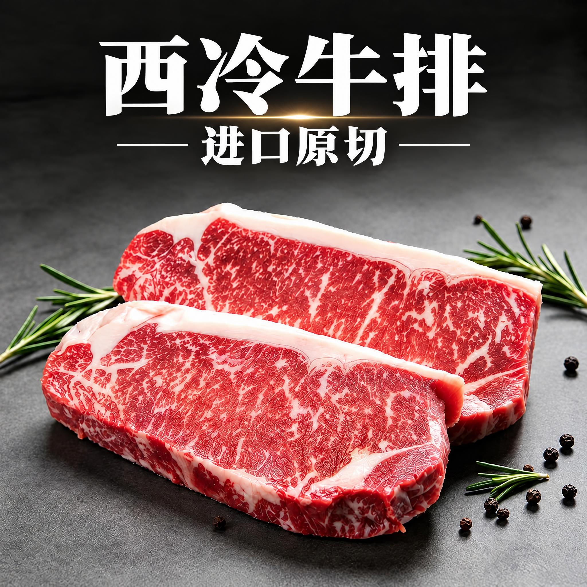 在图片顶部添加大标题文字“西冷牛排”，在其下方添加副标题文字“… - 图片创意预览