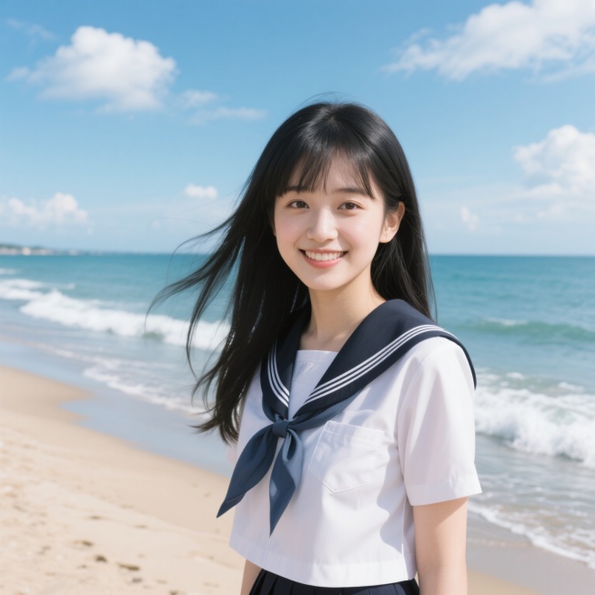 蓝天白云的海边，黑色长发飘飘的美丽少女，身穿日本jk校园制服，写实摄影风格，光线明亮，色彩清新自然，少女面带微笑，眼神温柔，背景是广阔的大海和天空，海浪轻轻拍打着沙滩预览效果