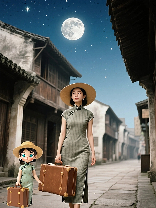 复古中式插画风，微缩艺术呈现超现实主义场景，文艺感十足的月夜古街。