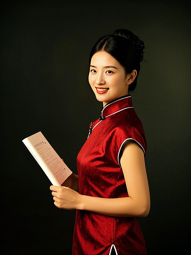 一个女生，工作形象照，深红色旗袍，黑色背景，新中式