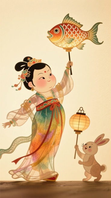 动漫风格，一个嫦娥装扮的胖女孩举着鱼灯，旁边有只小兔子举着另一个小鱼灯，干净的浅黄色背景预览效果