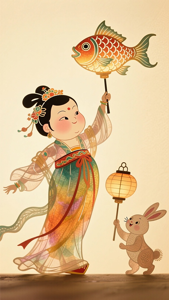 动漫风格，一个嫦娥装扮的胖女孩举着鱼灯，旁边有只小兔子举着另一个小鱼灯，干净的浅黄色背景