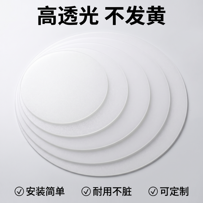 [主图 2] 吸顶灯亚克力盖板特性展示图
[氛围风格] 温馨居家生活感，明亮通透现代简约风格
[画质] 商业摄影质感、光线柔和通透、产品清晰真实、画面干净高级
[元素] 特写展示亚克力盖板材质，将不同预览效果