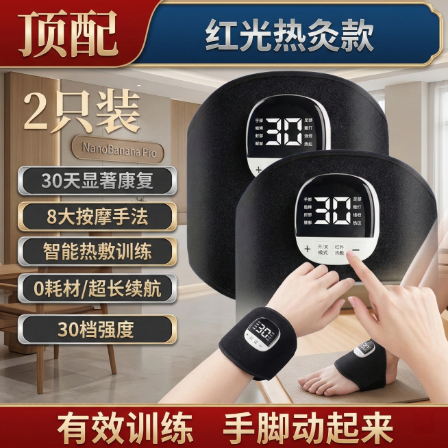 保留图中的康复训练产品外观不变，添加模特使用产品的画面，模特肢体动作自然不同，模特皮肤自然增白，背景改为医院或康复中心场景，卖点文字内容完全不变，修改文字颜色和框架样式，生成电商主图预览效果