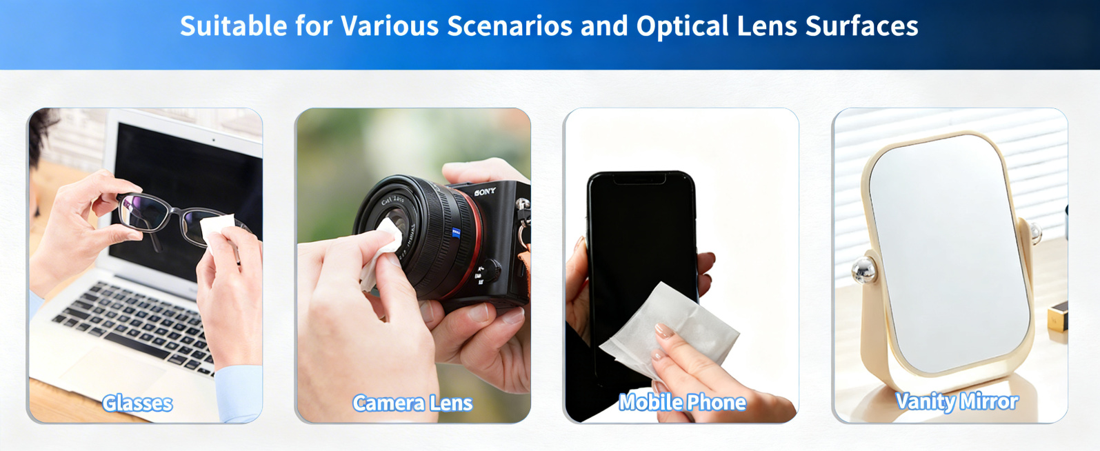 将图中的日语全部替换为英文：大标题“Suitable for Various Scenarios and Optical Lens Surfaces”，四个应用场景依次替换为：Glasses, Cam预览效果