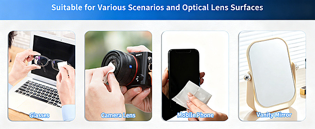 将图中的日语全部替换为英文：大标题“Suitable for Various Scenarios and Optical Lens Surfaces”，四个应用场景依次替换为：Glasses, Camera Lens, Mobile Phone, Vanity Mirror，保持原有排版布局、字体风格颜色和图片整体尺寸不变，仅修改文字翻译。