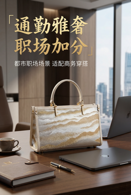 2:3 竖版，电商详情页都市职场场景展示页，杂志级精致排版，严格还原上传的产品图，包括包装设计、颜色、LOGO 位置、文字内容、图案元素等所有细节，产品尺寸比例保持 1:1。主标题：「通勤雅奢 职场加预览效果