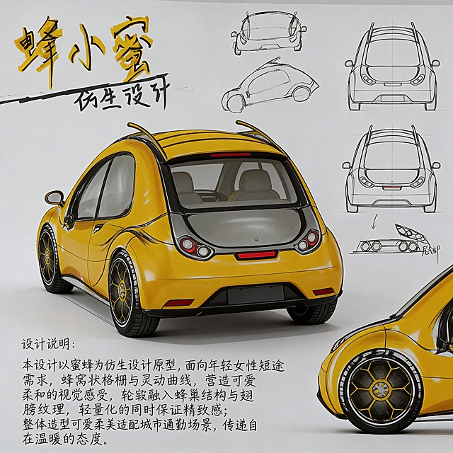 根据参考设计草图，完善小型四座代步车的设计，生成后视图，该代步车以蜜蜂为仿生设计原型，整体造型圆润柔和，黄色车身，可爱柔美风格，适配城市通勤，工业设计效果图