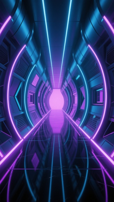 未来科技感十足的深邃走廊，两侧是对称排列的弧形金属结构墙体，表面有几何切割的面板和发光窗口，墙面和地面边缘镶嵌着明亮的紫色与蓝色霓虹灯管，灯光在光滑的黑色反光地面上形成清晰倒影，走廊向远方延伸并汇聚于尽头的粉紫色光晕，顶部有细长的垂直线条灯光点缀，整体呈现出赛博朋克风格的3D渲染效果，色彩以深蓝、紫色为主调，光影对比强烈，营造出神秘、科技、未来主义的氛围，空间感纵深感强，细节精致，具有强烈的视……预览效果