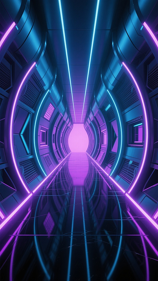 未来科技感十足的深邃走廊，两侧是对称排列的弧形金属结构墙体，表面有几何切割的面板和发光窗口，墙面和地面边缘镶嵌着明亮的紫色与蓝色霓虹灯管，灯光在光滑的黑色反光地面上形成清晰倒影，走廊向远方延伸并汇聚于尽头的粉紫色光晕，顶部有细长的垂直线条灯光点缀，整体呈现出赛博朋克风格的3D渲染效果，色彩以深蓝、紫色为主调，光影对比强烈，营造出神秘、科技、未来主义的氛围，空间感纵深感强，细节精致，具有强烈的视觉引导性和沉浸式体验。