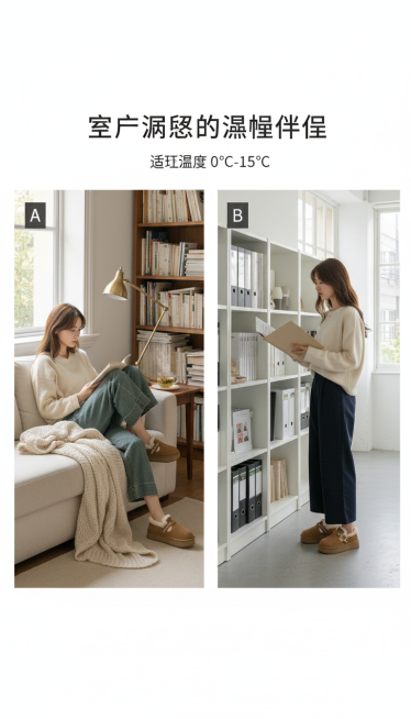 视觉：双场景并列
场景A：居家书房

女模特蜷在沙发阅读，赤脚穿鞋

道具：毛毯、热茶、落地灯

场景B：工作室

女模特站立于书架前翻阅资料

穿搭：针织衫+阔腿裤

文案标题：「室内沉思的温暖伴侣预览效果