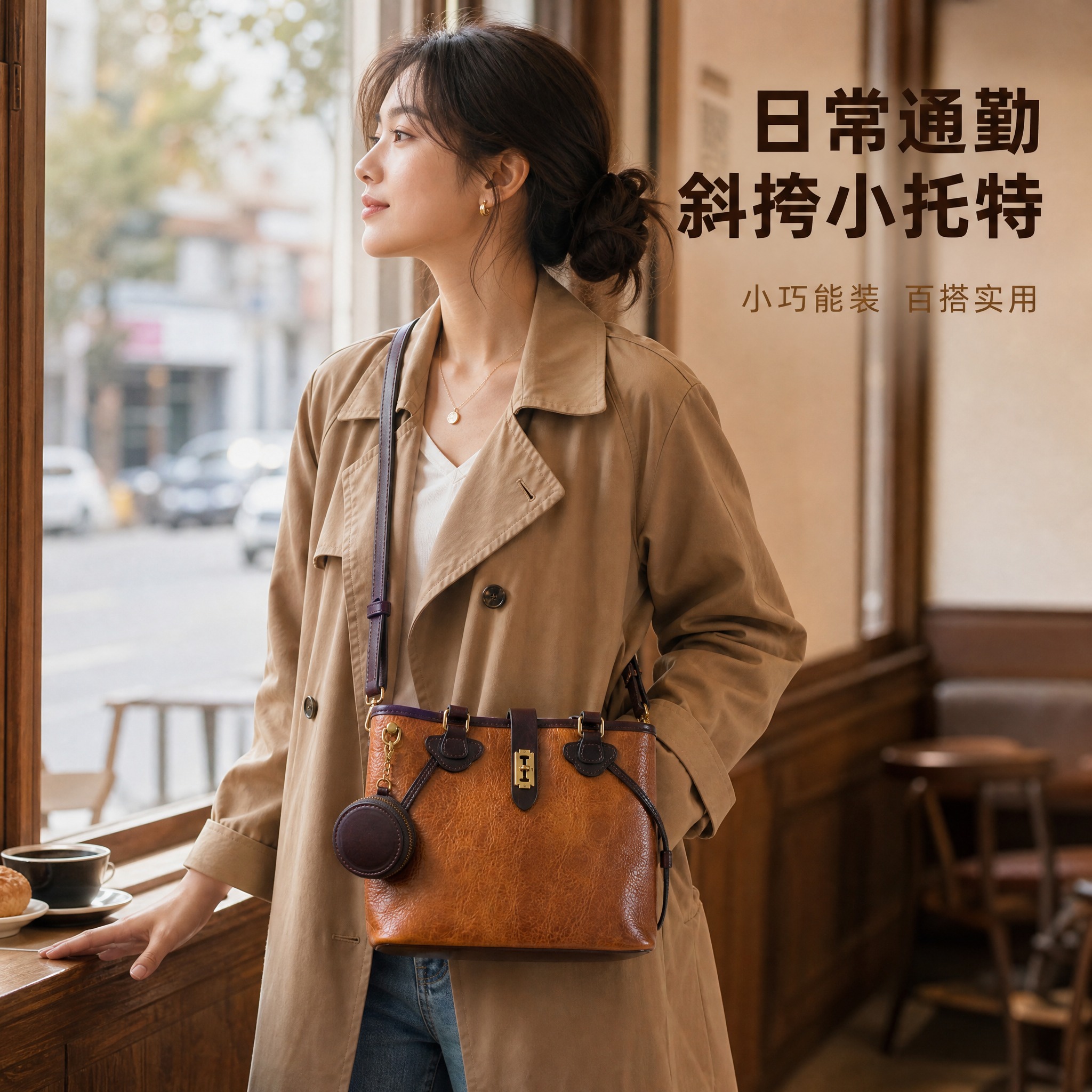 [主图-8] 焦糖棕锁扣小托特包主图，展示斜挎背法与日常通勤场… - 图片创意预览