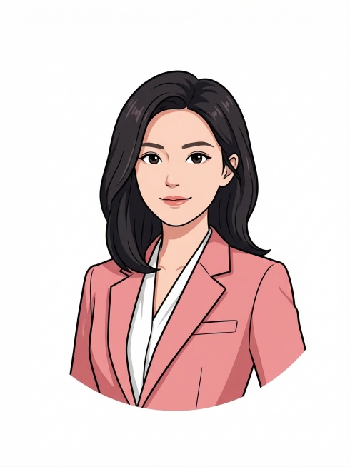 基于参考图人物，生成商务职场女性卡通形象微信头像，人物穿着粉色西装，展现干练气质，纯白色背景，适合商业使用，保持人物面部特征预览效果