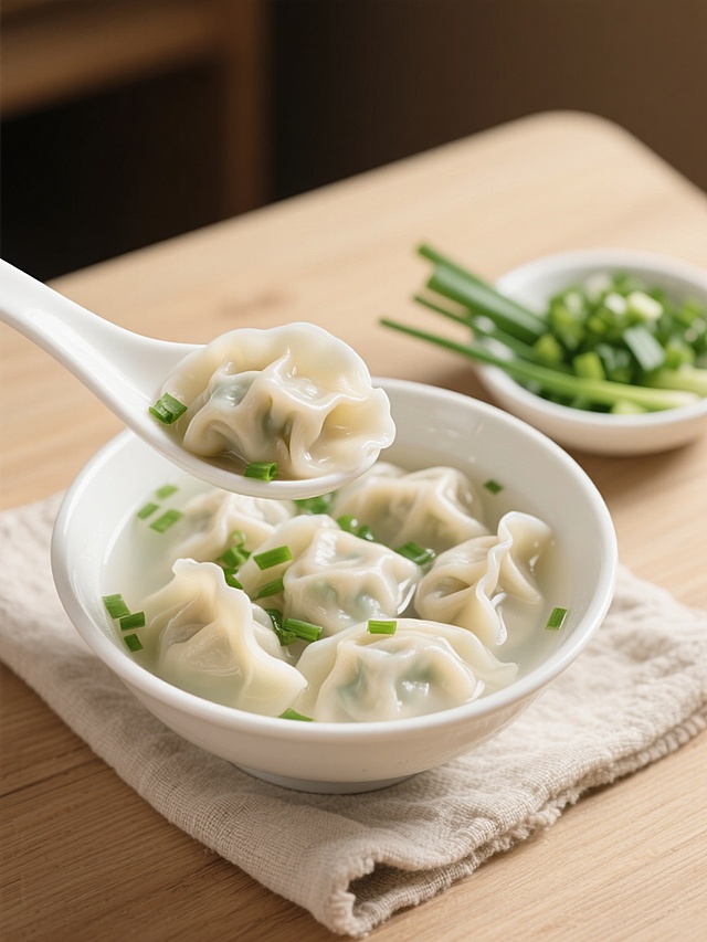 一张写实风格的水饺美食摄影，特写镜头聚焦在一只白色陶瓷碗中盛着的鲜美水饺汤，清澈的浅色汤底中漂浮着多个饱满的水饺，饺子皮半透明略带自然褶皱，隐约可见内里馅料，汤面上撒着翠绿的葱花碎，一只白色瓷勺从碗中舀起一个饺子，饺子边缘微微卷起，汤汁欲滴，碗下垫着浅色亚麻布，背景是浅木色木质桌面，左侧摆放着一小碗切碎的新鲜葱花和几根完整的绿色葱段，整体画面光线柔和明亮，营造出温暖家常、干净清爽的氛围，色彩以白色、浅木色、绿色为主，光影自然，突出水饺的质感和食物的新鲜诱人，视觉层级清晰，主体突出，信息传达效率高，符合美食摄影的温馨家常风格。
