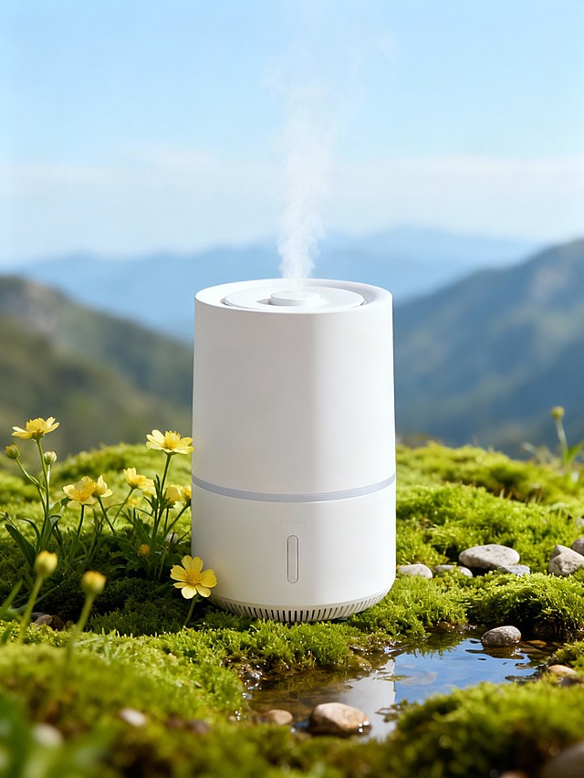 清新自然的写实摄影风格，主体作为视觉中心（占据画面约60%比例），被放置在覆盖着茂密鲜绿色苔藓的地面上，苔藓旁散落着小石子、水洼。主体左侧环绕着几朵嫩黄色小野花，背景是浅蓝色天空与连绵的山峦（背景虚化突出主体）。柔和自然光铺陈画面，保证溶图效果，微距摄影。