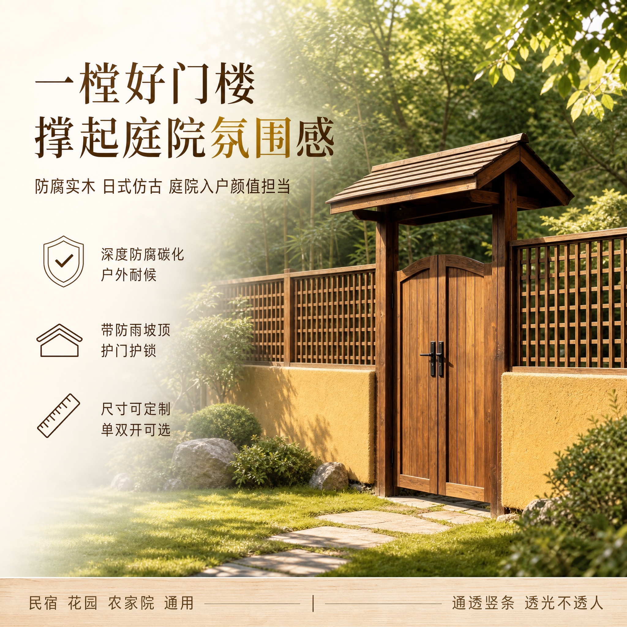 [单张主图] 防腐实木庭院门楼 日式新中式仿古坡屋顶双开栅栏门… - 图片创意预览