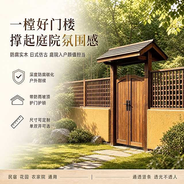 [单张主图] 防腐实木庭院门楼 日式新中式仿古坡屋顶双开栅栏门 淘宝天猫电商主图 高级氛围感路线 主图目标：一眼看懂是庭院入户门楼，传递禅意私家庭院氛围感，同时突出防腐耐用、颜值担当、造景两用的核心卖点，吸引庭院改造、民宿、农家院用户点击。

[画面主体] 画面中心偏右位置展示完整的防腐实木庭院门楼，包含带仿古坡屋顶飞檐造型的门头、双开竖条栅栏门、两侧碳化木格栅围栏与下部矮墙结构，产品外观、结构、颜色、材质、木纹纹理必须与输入产品图完全一致：深碳化棕褐色实木、温润原木色泽、自然实木纹理、竖条通透栅栏、黑色金属门把手锁具、加厚粗立柱、屋顶实木檩条坡屋顶飞檐造型。主体完整不裁切，占画面约50%-55%，门楼前方有自然草地延伸，后方为虚化的庭院绿植背景。

[构图版式] 采用「左文右物场景型」高级氛围感版式。左侧约40%区域留白放置主标题、副文案和卖点图标；右侧约60%区域为门楼主体与庭院场景；底部有轻微信息承接条。整体留白充足，不拥挤，突出禅意与品质感。

[场景元素] 背景是真实禅意私家庭院场景：远处有茂密的深绿色乔木与竹林，中景有修剪整齐的灌木、石头围墙点缀、石板小径延伸至门楼，前景是平整的黄绿色草坪与自然光影。阳光从右上方斜射，形成柔和的树影与光斑，洒在门楼屋顶和草地上。整体场景营造日式新中式庭院的静谧雅致氛围，场景元素不遮挡门楼主体。

[文案版式] 所有文字放在左侧留白区域，不压产品。主标题用大号宋体风格字体，分两行排列：第一行「一樘好门楼」，第二行「撑起庭院氛围感」。主标题下方是副文案，字号缩小50%以上：「防腐实木 日式仿古 庭院入户颜值担当」。副文案下方纵向排列3个线稿图标+短句卖点，从上到下依次：1. 盾牌图标 + 「深度防腐碳化 户外耐候」；2. 屋顶图标 + 「带防雨坡顶 护门护锁」；3. 尺子图标 + 「尺寸可定制 单双开可选」。底部有一条极细的浅木色信息条，左侧小字「民宿 花园 农家院 通用」，右侧小字「通透竖条 透光不透人」。所有文字清晰可读，无错字，无「主标题/卖点」等说明词。

[光影质感] 自然午后阳光，主光从右上方45度斜射，在门楼屋顶形成温暖高光，实木纹理清晰可见，立柱下方有柔和接触阴影，草地有自然光斑与树影。整体光影柔和自然，浅景深背景虚化，突出门楼主体。商业摄影质感，画面通透干净，无过曝无死黑。

[配色字体] 主色调：深碳化木棕色、自然绿色、米白暖调。辅助色：浅木色、深墨绿。强调色：暖金色（用于标题重点字）。字体：主标题用宋体风格细衬线字体，字重适中偏轻；副文案和卖点用无衬线细体；整体靠留白和字号分层级，不使用粗黑厚重字体。

[比例分辨率] 1:1正方形比例，2K分辨率，文字清晰可辨，产品细节锐利。

[负向提示词] 产品变形、结构错误、木纹错乱、颜色偏差、悬浮、穿模、错字、糊字、水印、平台Logo、二维码、杂乱背景、人物面部、多余手指、低清晰度、过度锐化、廉价电商特效、夸张描边、重色块底板、大面积通栏边框。