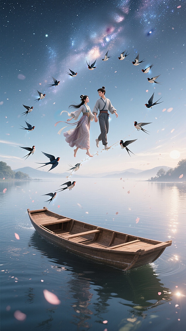 梦幻插画风，情侣乘燕飞翔，银河璀璨，浪漫超现实。