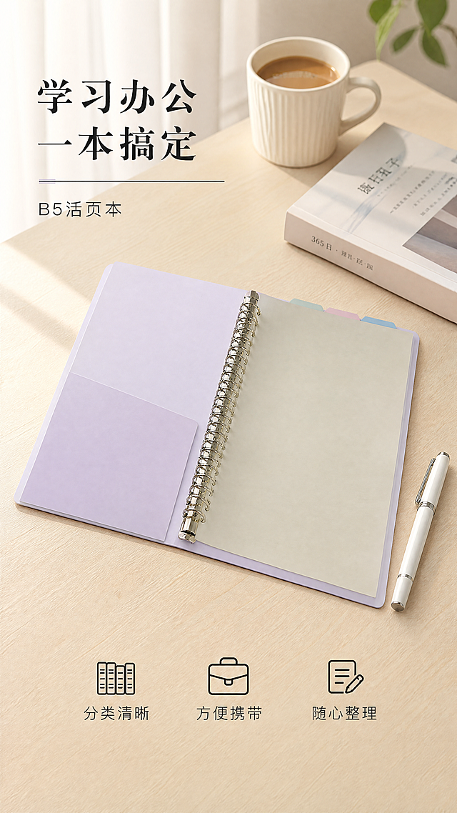 [第6屏] 场景展示页，桌面办公学习场景展示B5活页本使用氛围。
[氛围/风格] 清新温馨书桌场景，ins风，自然舒适，真实生活感，商业摄影质感。
[元素布局] 将浅紫色B5活页本打开平放在浅色书桌桌面，旁边搭配一支钢笔、一杯咖啡、一本小书作为道具，营造学习办公氛围。本屏使用【图10】作为活页本主体，保持产品线圈结构、颜色与输入图一致。活页本占画面约60%，放置在画面中下区域，桌面背景干净整洁。
[光影质感] 自然光从左侧射入，形成柔和阴影，整体明亮温馨，产品清晰自然。
[配色色系] 全局底色：桌面浅木色#E8E2D6，主体保持活页本浅紫色，道具低饱和度配色，文字黑色。
[视角构图] 45度斜角俯视，场景层次分明，前景桌面，中景产品，背景虚化。
[文字版式] 左上角主标题 "学习办公 一本搞定"，左下角三个图标卖点："分类清晰" / "方便携带" / "随心整理"，每个卖点配简约图标，文字清晰不遮挡产品主体。
[比例分辨率] 9:16竖版比例，4K分辨率，文字清晰可辨。
[负向提示词] 产品变形，颜色偏差，场景杂乱，文字遮挡主体，水印。
